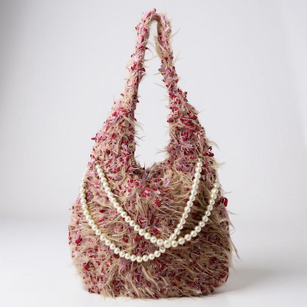 Handmade Textured Shoulder Bag with Pearl Drapes – Rose Beige Mix