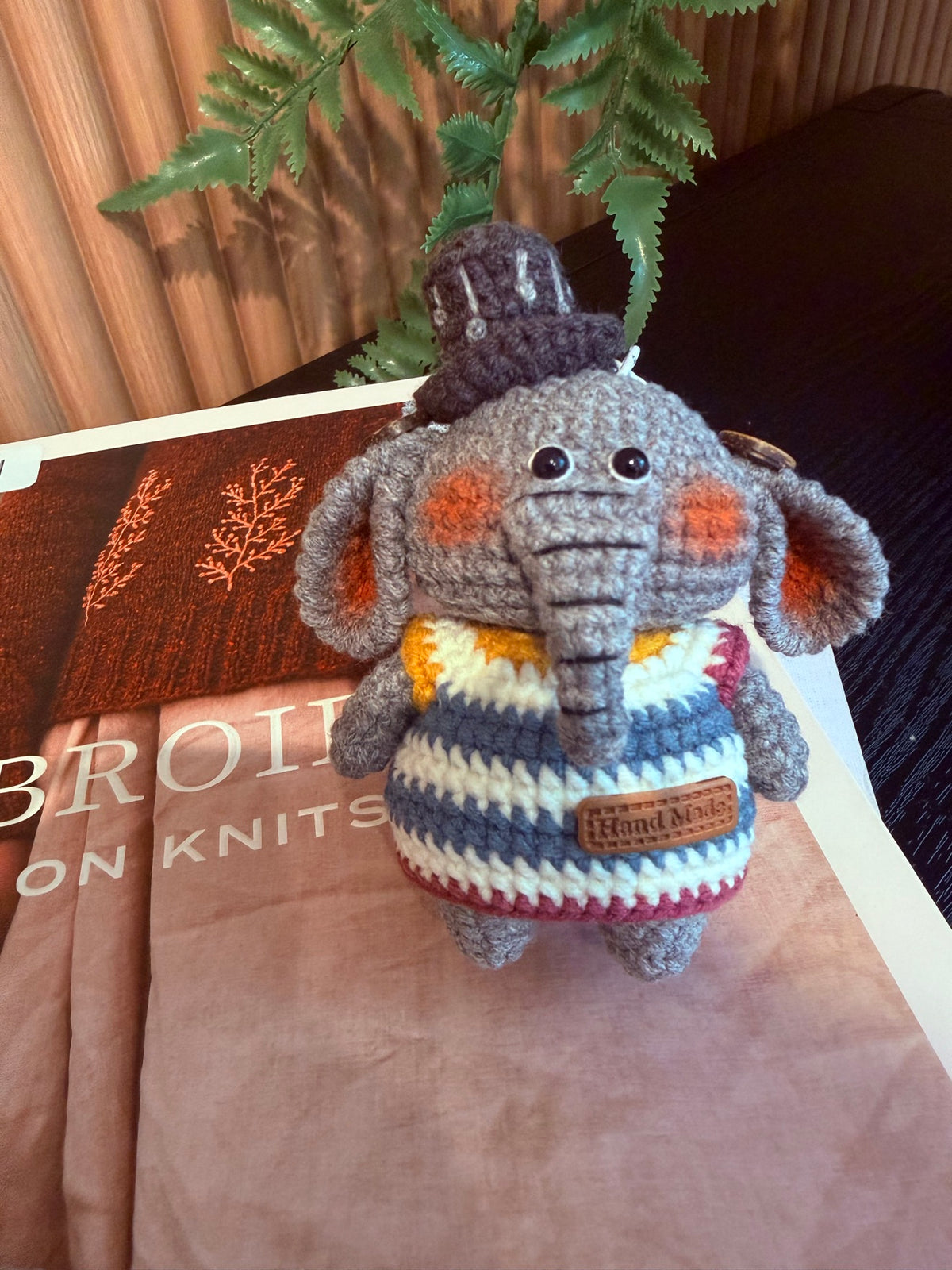 Crochet Elephant Plush – Gray Elephant in Top Hat & Striped Sweater