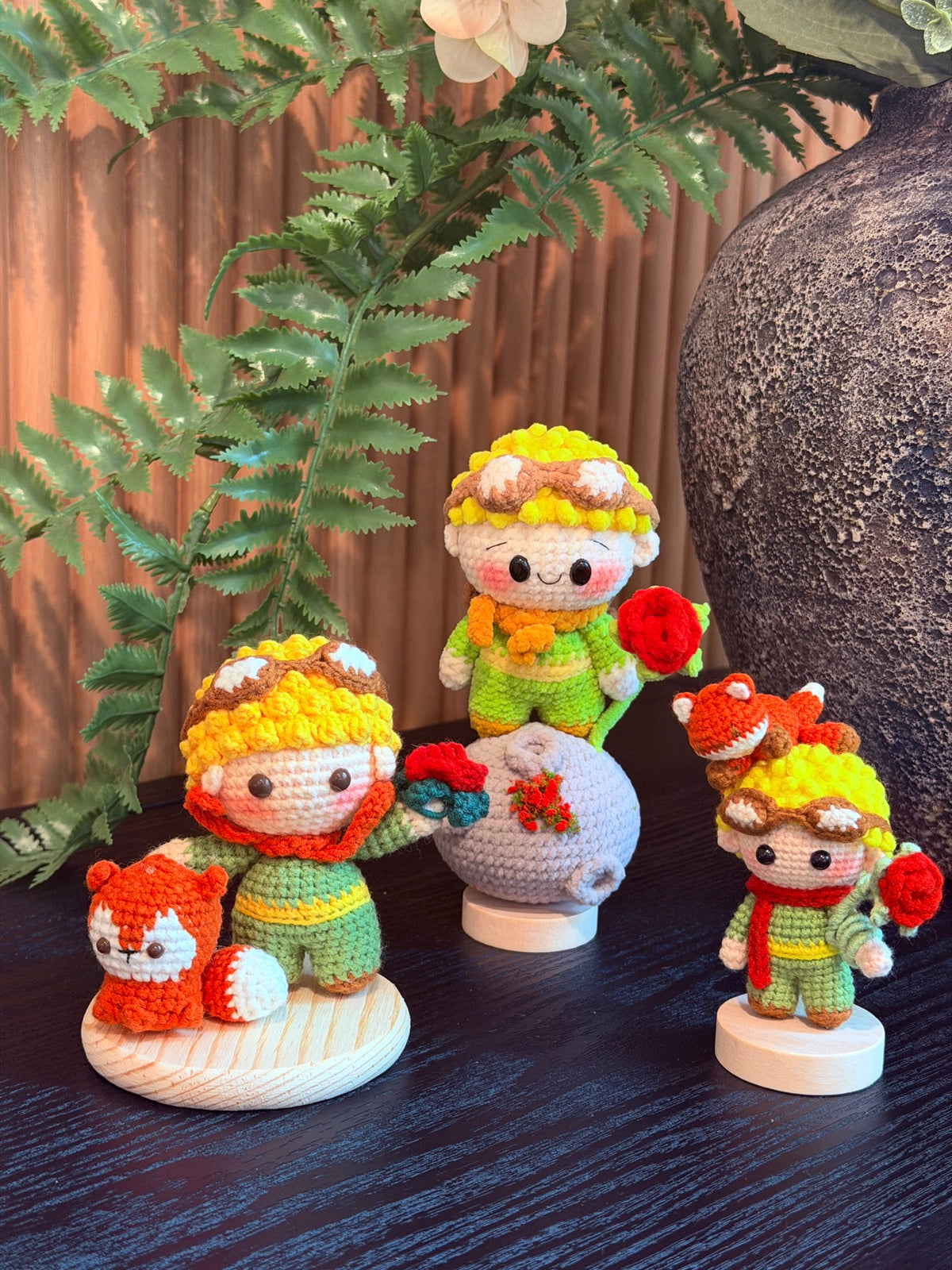 Crochet Prince Doll – Mini Prince with Fox on His Head, Red Scarf & Red Rose