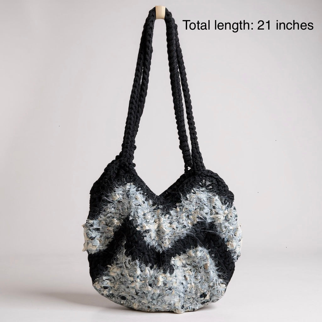 Handmade Textured Chevron Shoulder Bag – Black & Grey Mix