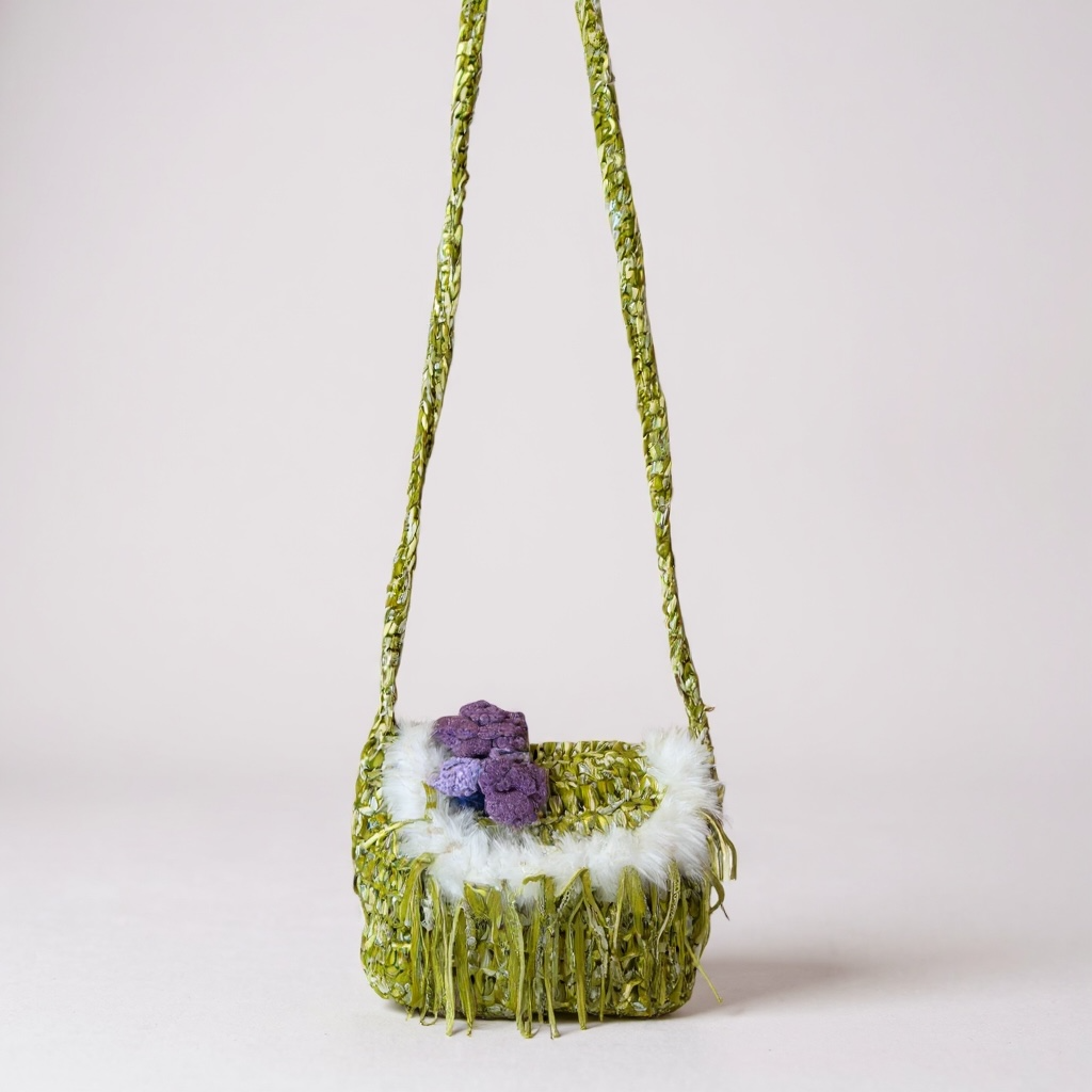Crochet Fringe Should bag- Olive Green with purple Floral