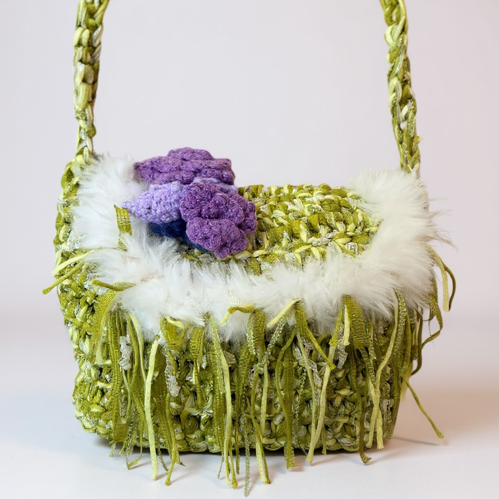 Crochet Fringe Should bag- Olive Green with purple Floral