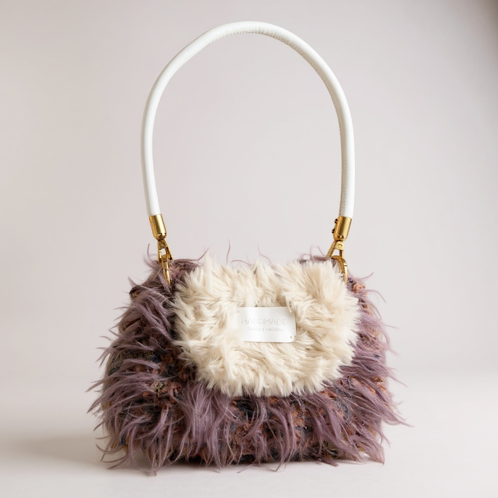 Crochet Fluffy Shoulder Bag – Lavender Mix with Cream Flap