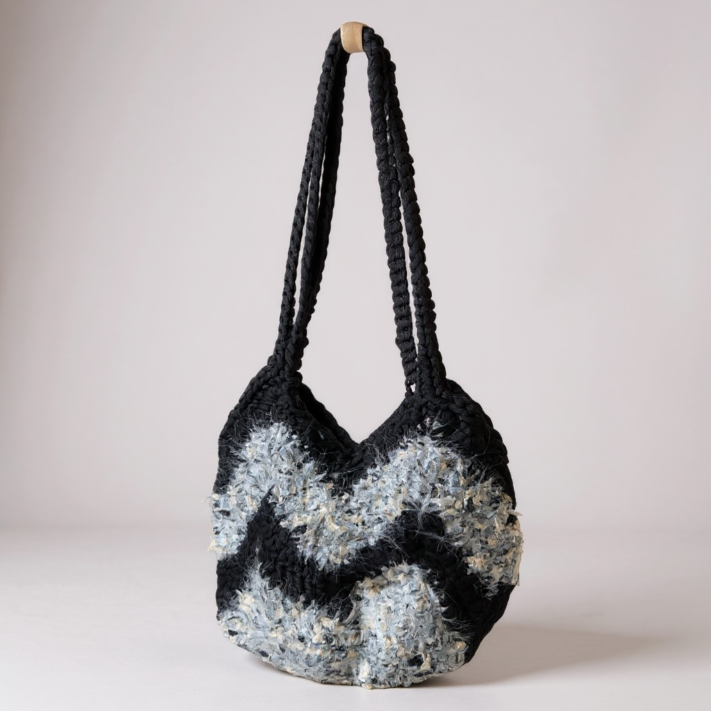 Handmade Textured Chevron Shoulder Bag – Black & Grey Mix