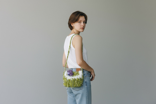 Crochet Fringe Should bag- Olive Green with purple Floral