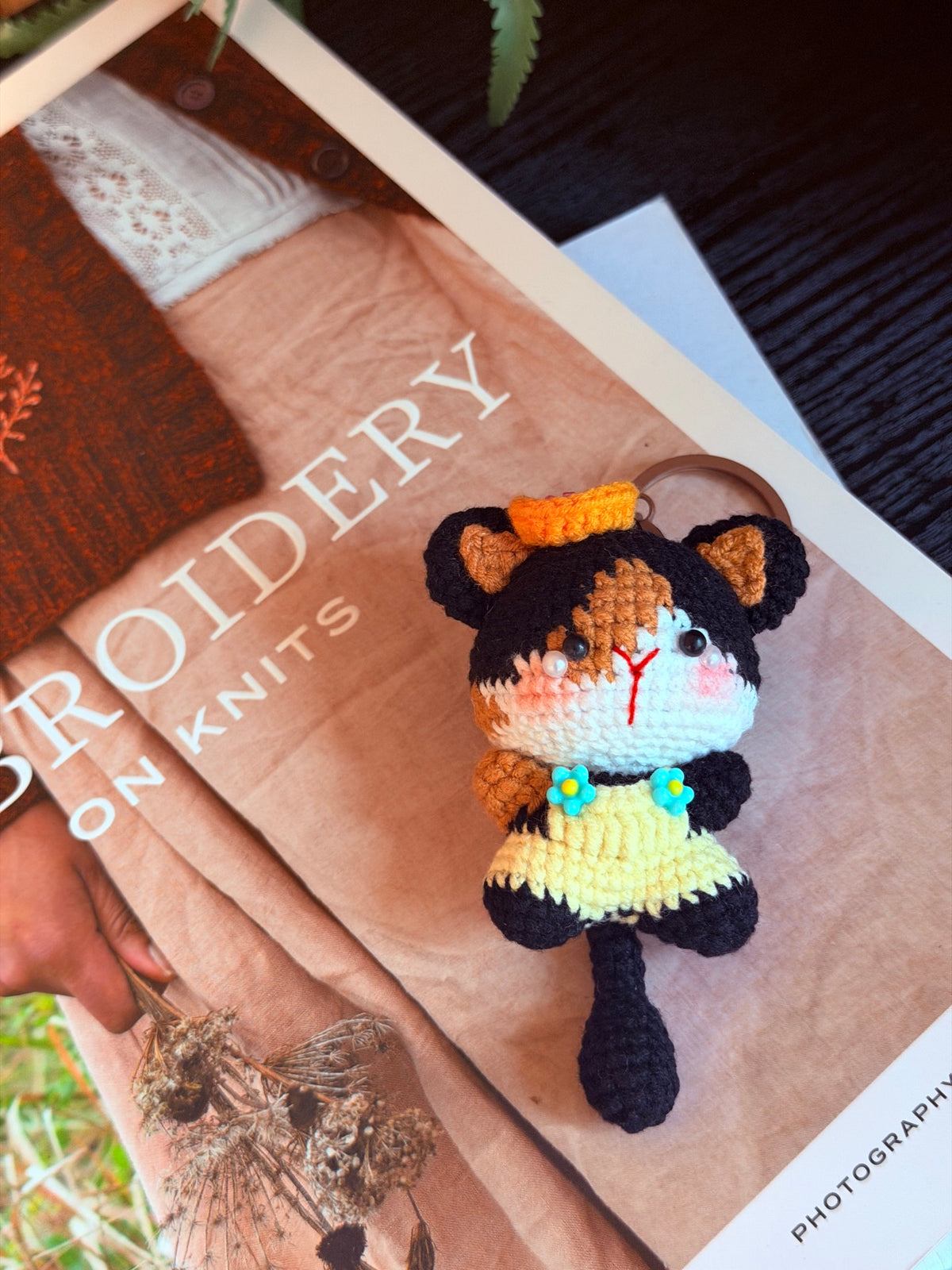 Calico Cat Bag Charm – Crochet Cat Keychain in Yellow Dress