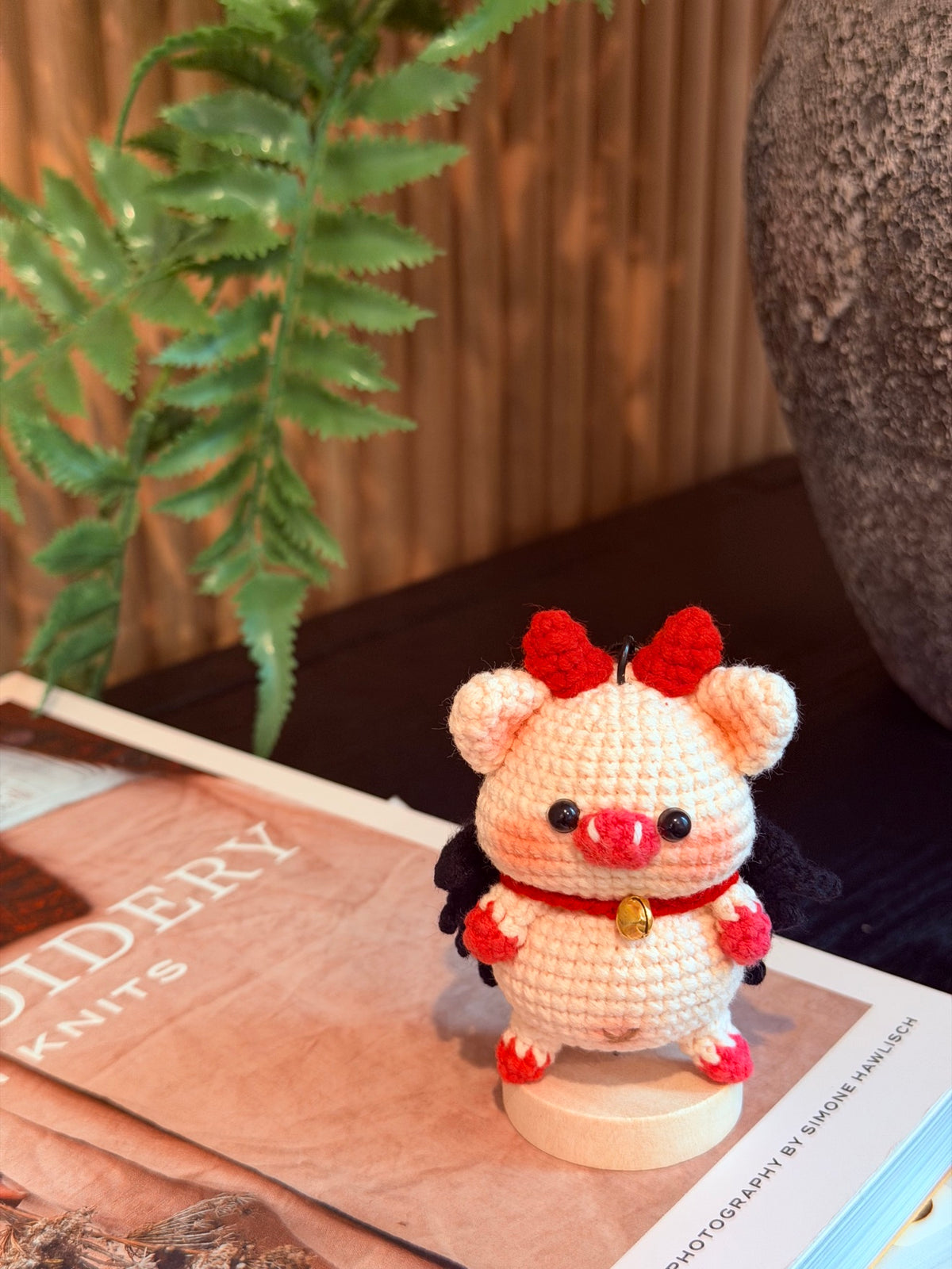 Little Devil Pig Bag Charm – Crochet Pig Keychain with Bat Wings