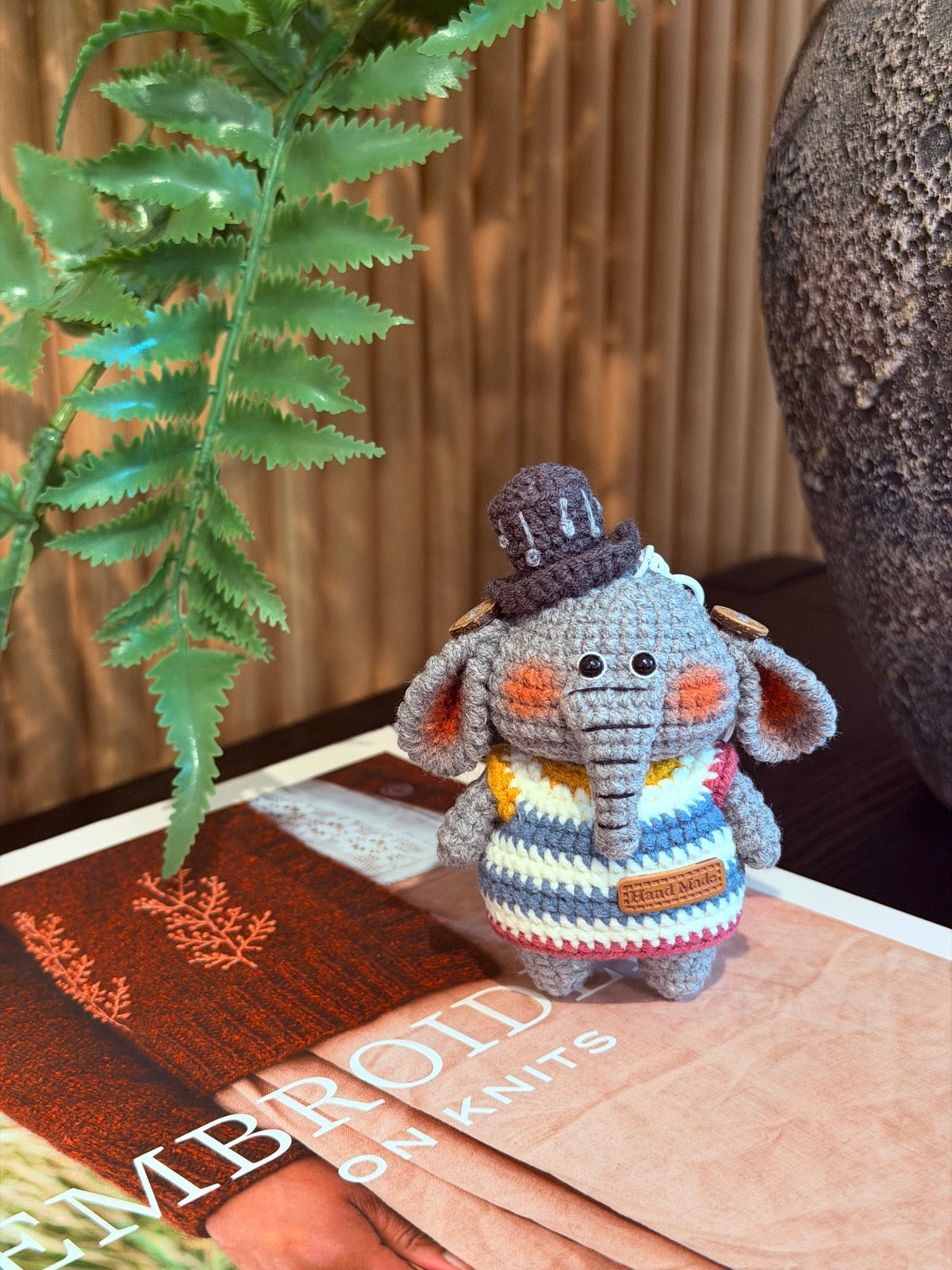 Crochet Elephant Plush – Gray Elephant in Top Hat & Striped Sweater