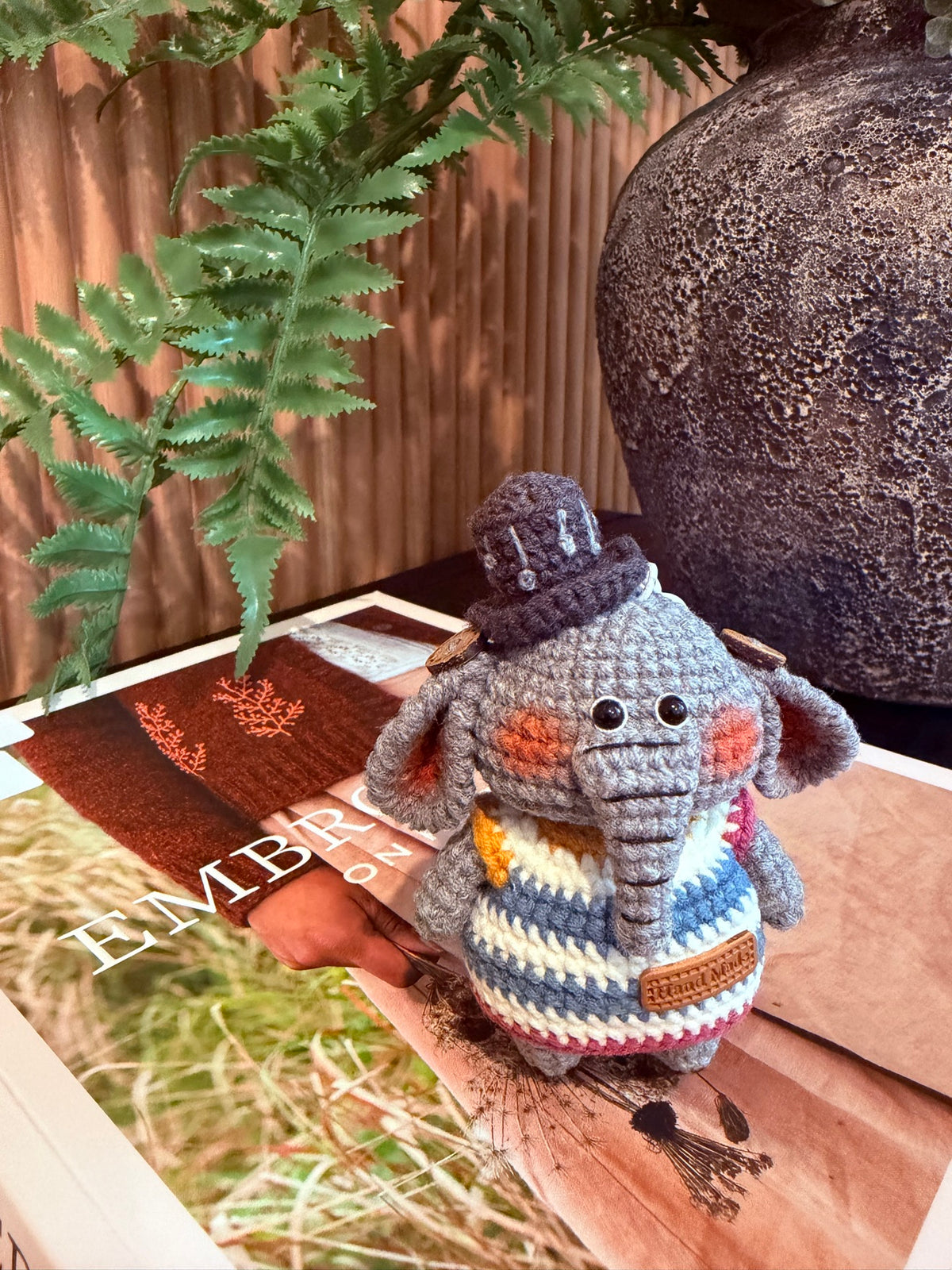Crochet Elephant Plush – Gray Elephant in Top Hat & Striped Sweater
