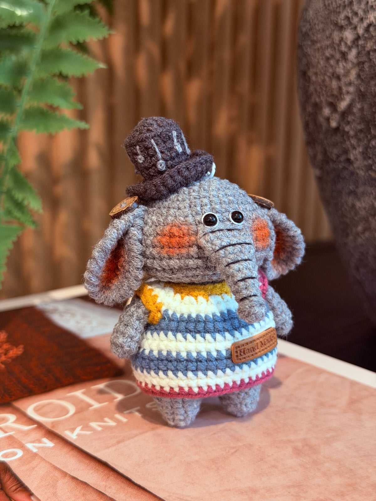 Crochet Elephant Plush – Gray Elephant in Top Hat & Striped Sweater
