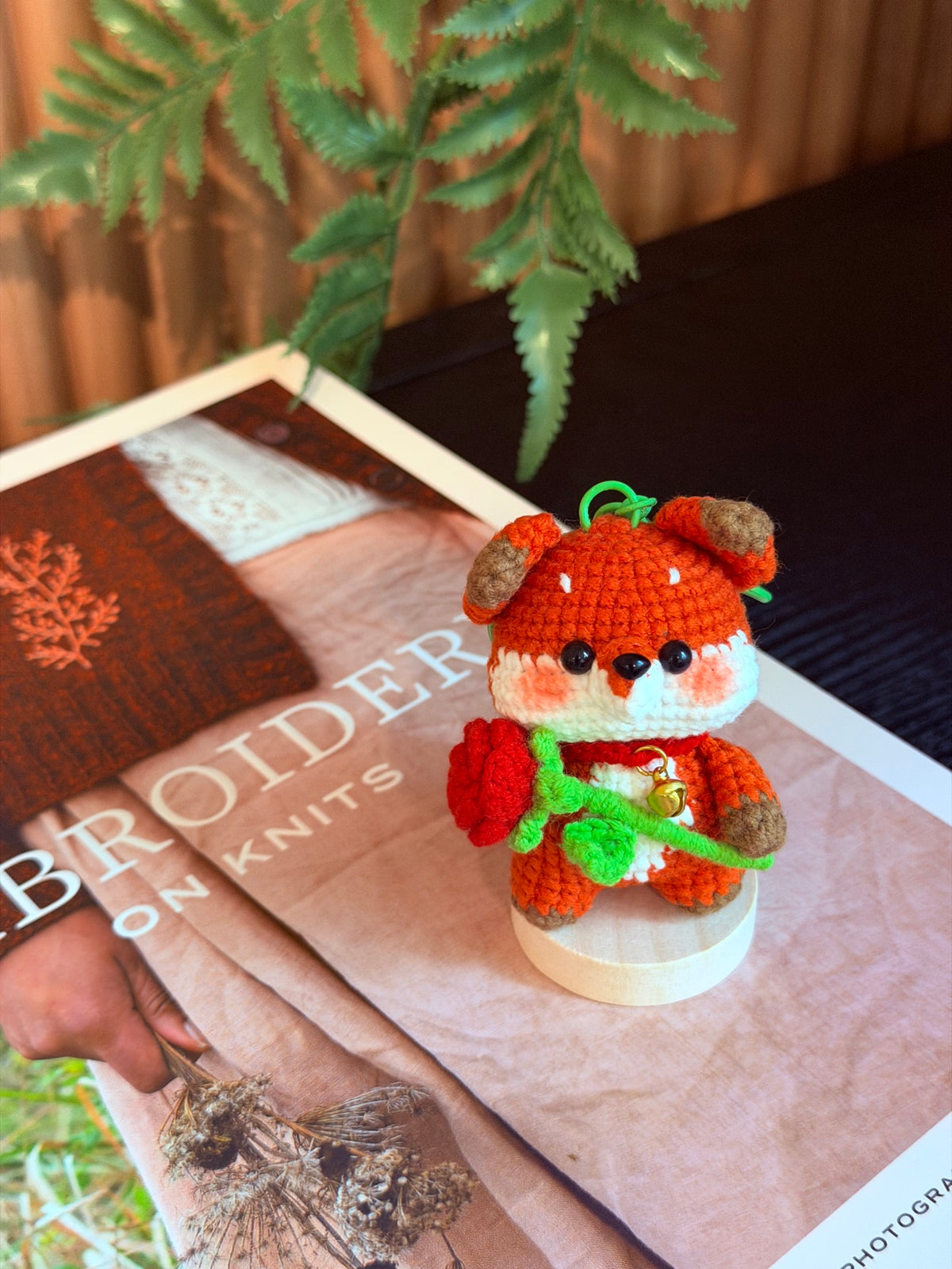 Crochet Fox Plush – Orange Fox Holding a Red Rose