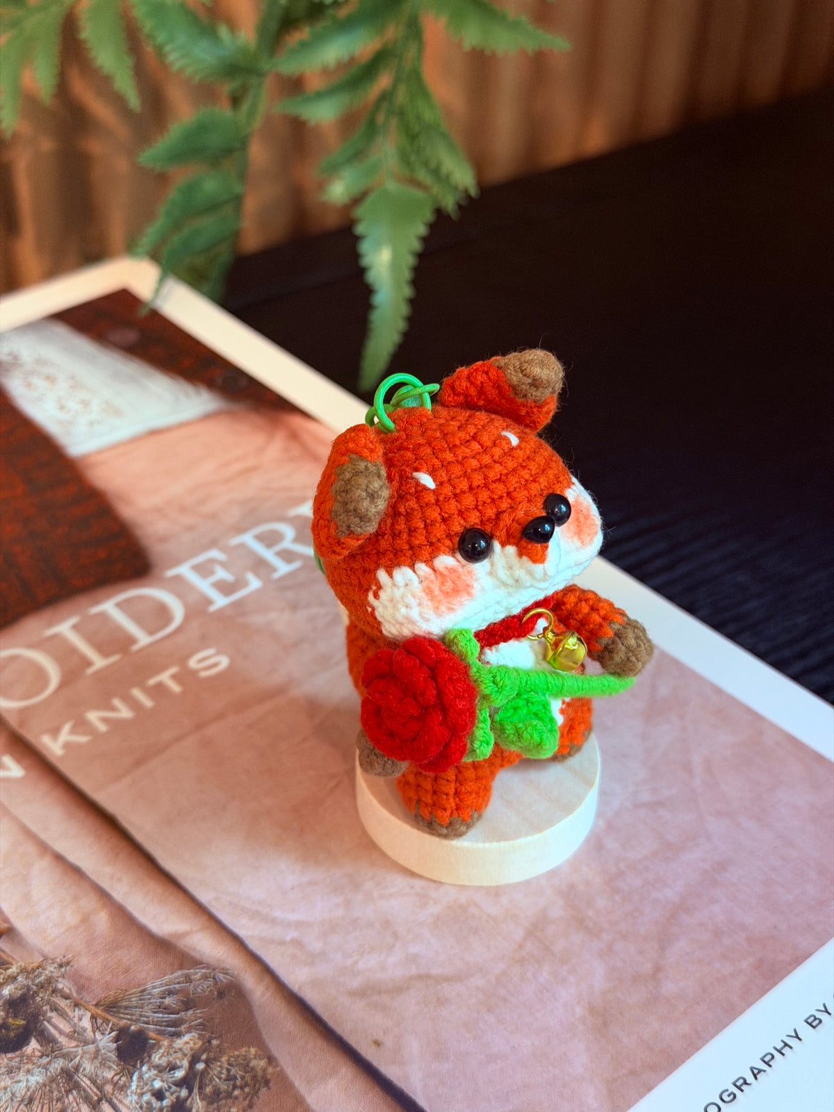 Crochet Fox Plush – Orange Fox Holding a Red Rose