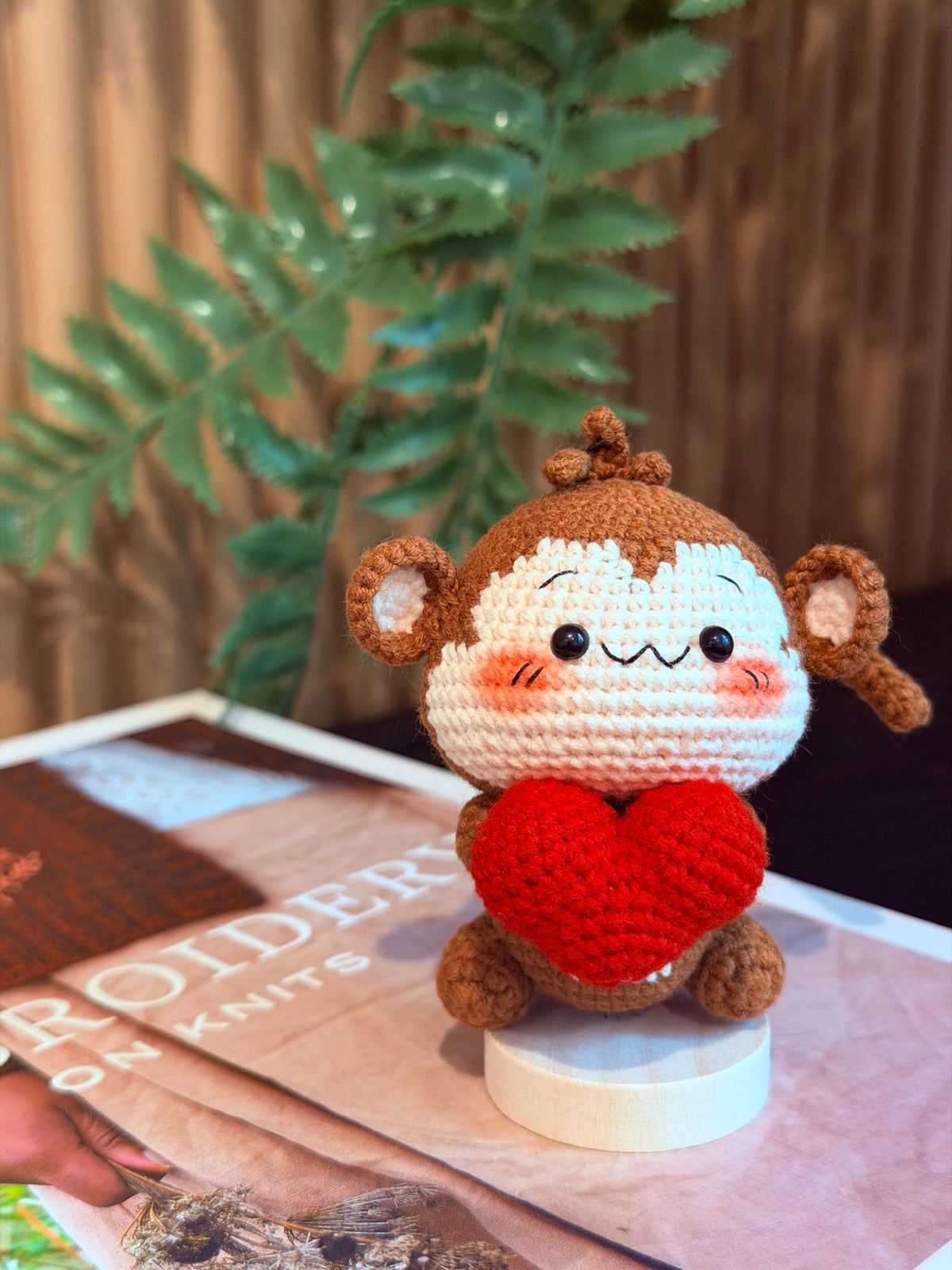 Crochet Monkey Bag Charm – Brown Monkey Holding a Red Heart
