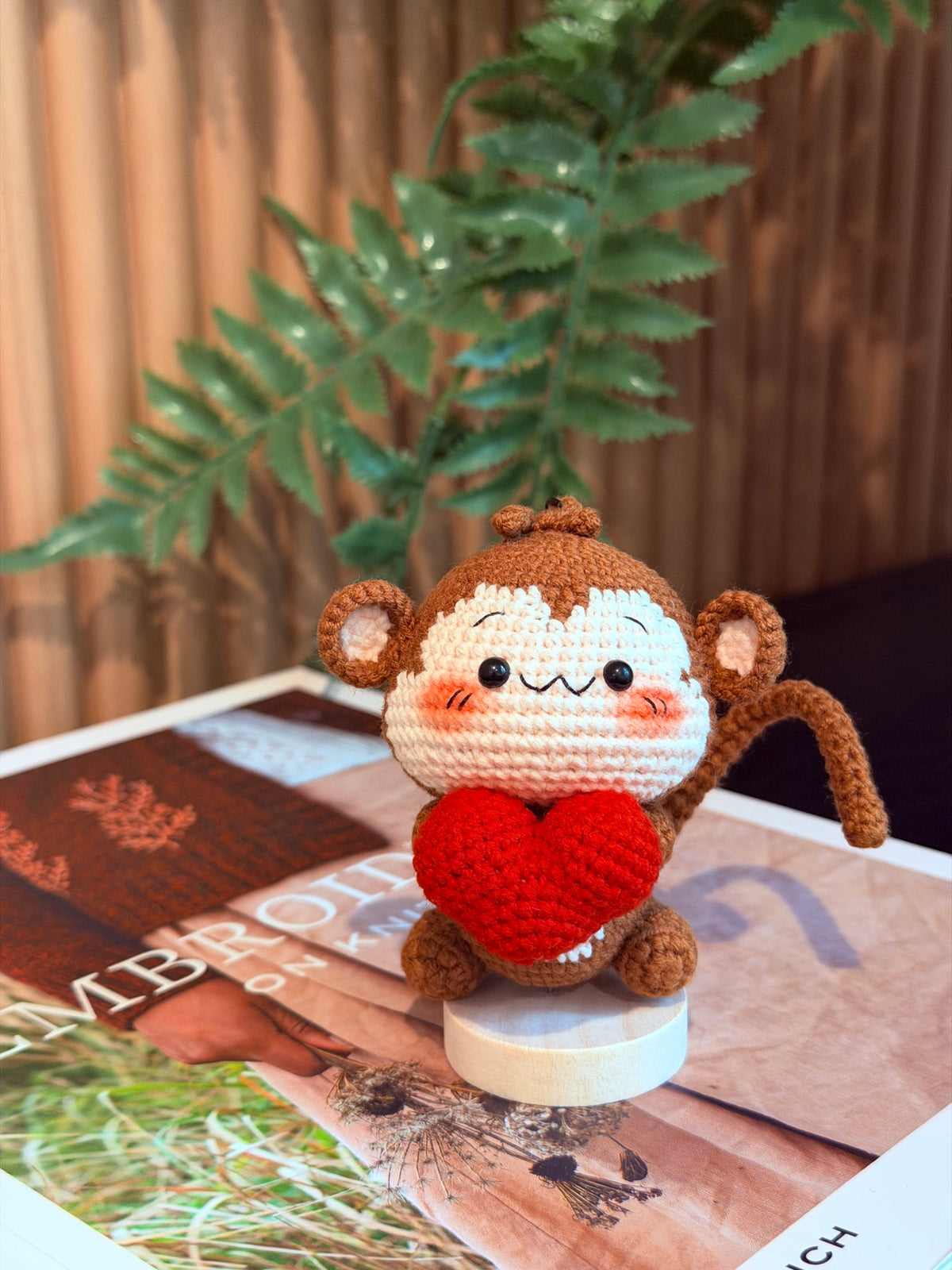 Crochet Monkey Bag Charm – Brown Monkey Holding a Red Heart