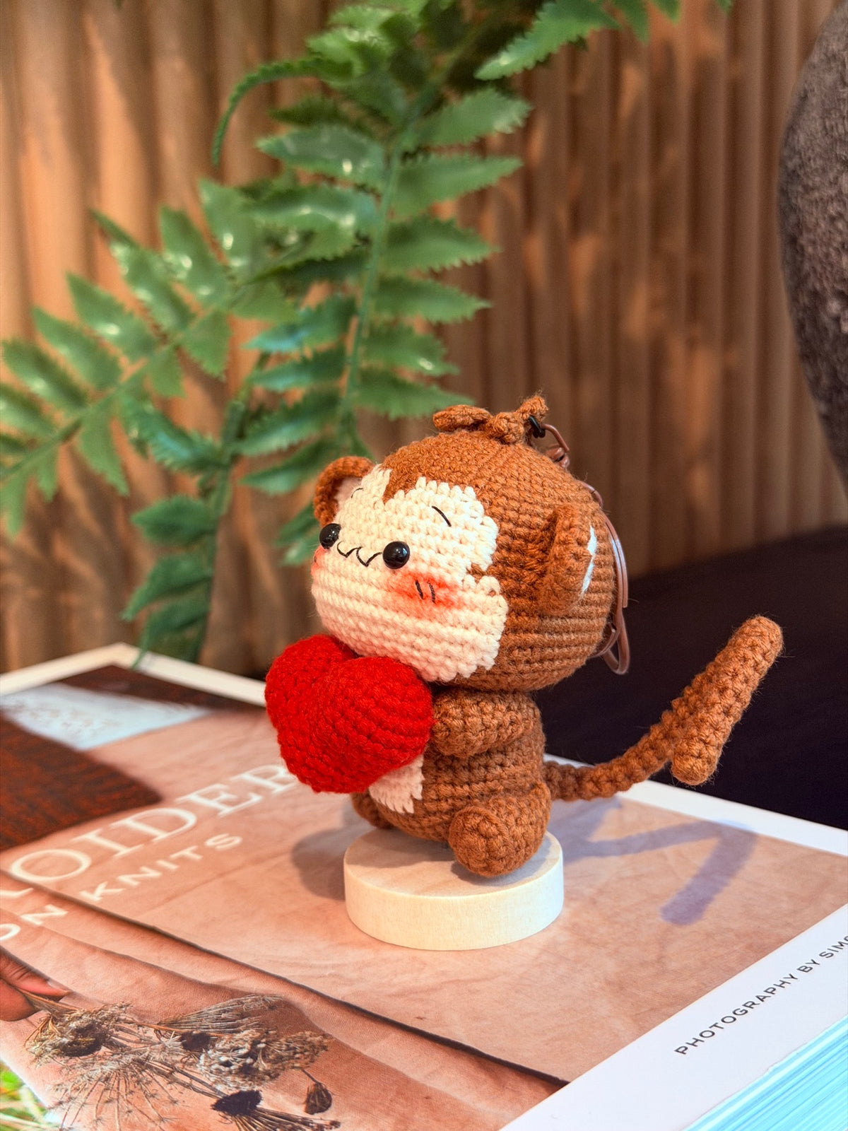 Crochet Monkey Bag Charm – Brown Monkey Holding a Red Heart