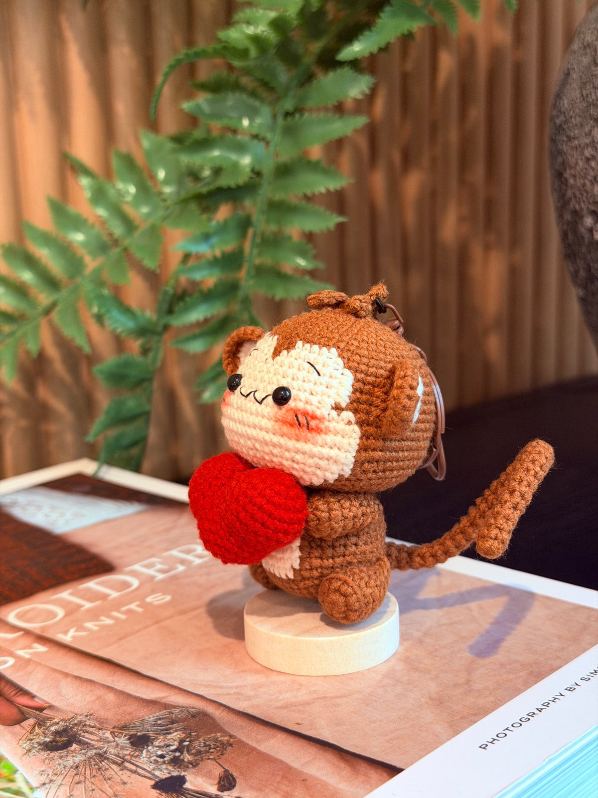 Crochet Monkey Bag Charm – Brown Monkey Holding a Red Heart