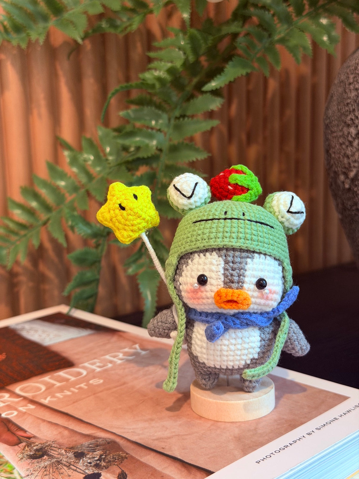 Crochet Penguin Plush – Penguin in a Frog Hat with Star Wand