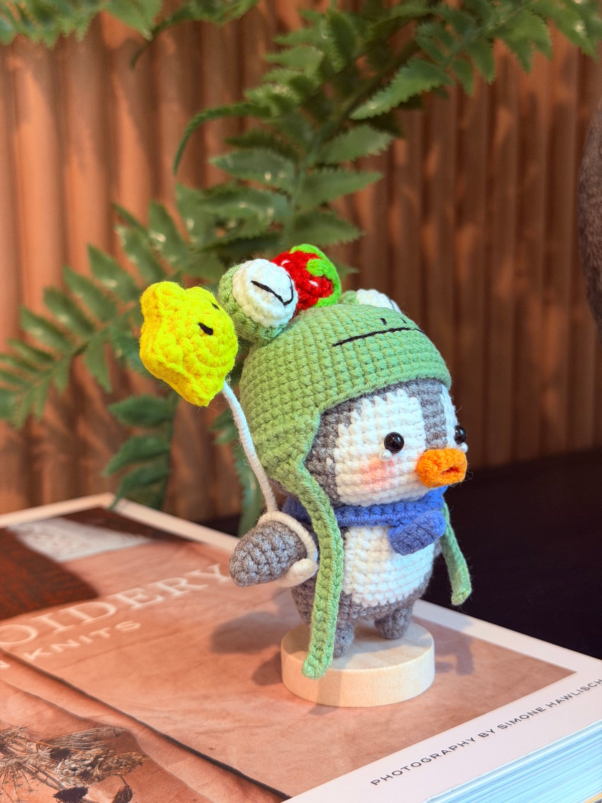 Crochet Penguin Plush – Penguin in a Frog Hat with Star Wand