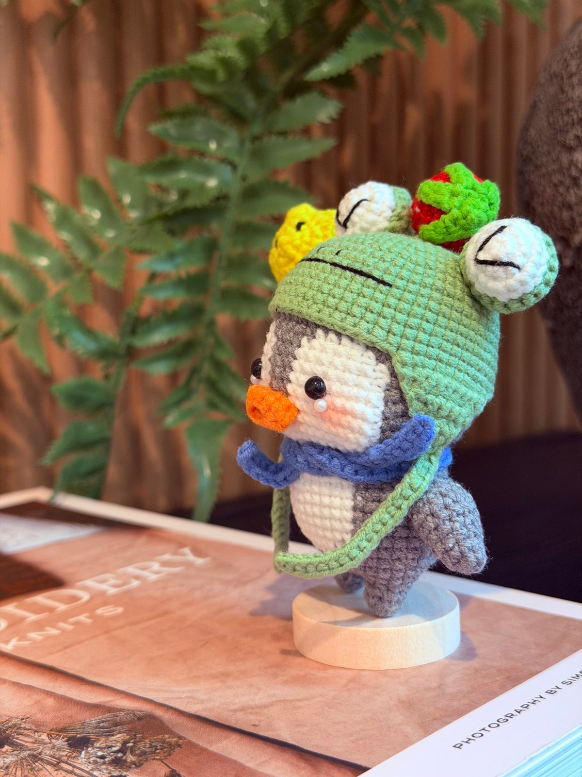 Crochet Penguin Plush – Penguin in a Frog Hat with Star Wand