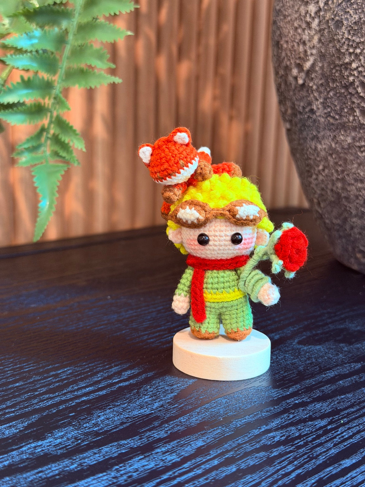 Crochet Prince Doll – Mini Prince with Fox on His Head, Red Scarf & Red Rose