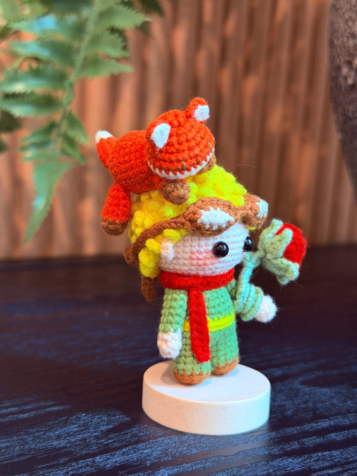 Crochet Prince Doll – Mini Prince with Fox on His Head, Red Scarf & Red Rose